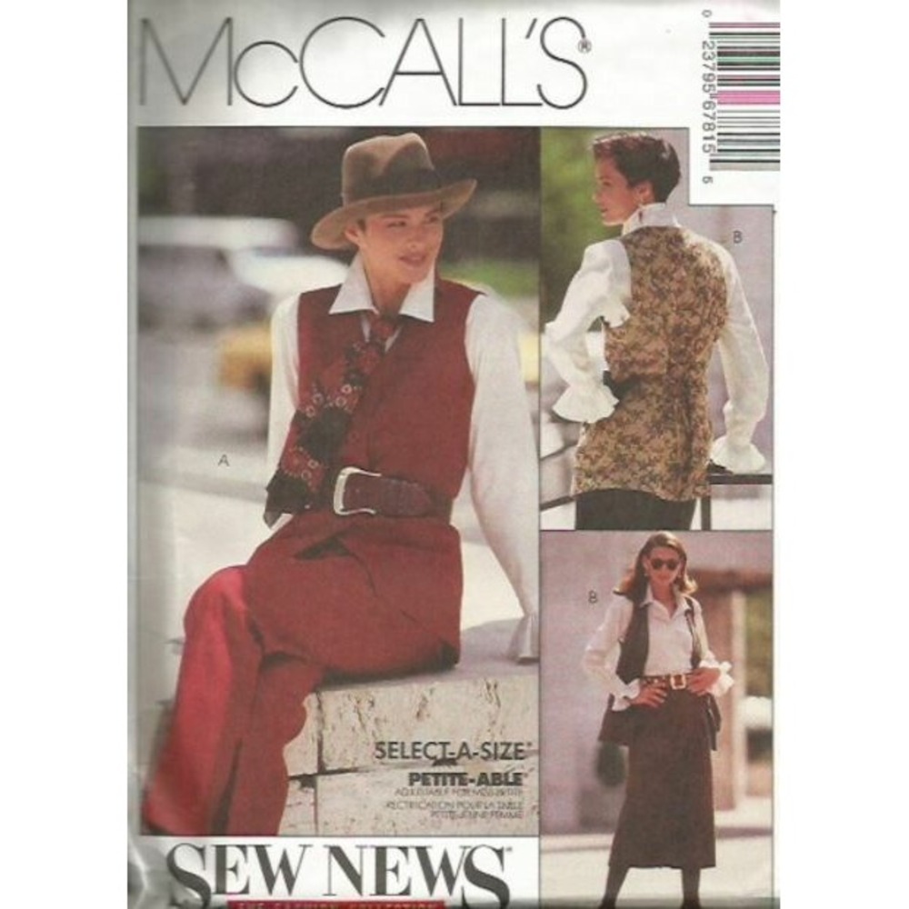 McCall's 6781 Sewing Pattern Misses Size 8-12 Vest Blouse Skirt Pants Ascot 1993